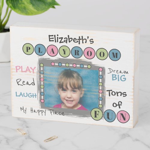 My happy fun place name photo kids playroom grey wooden box sign
