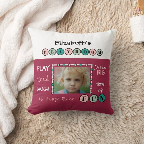 My happy fun place name photo kids playroom pink throw pillow