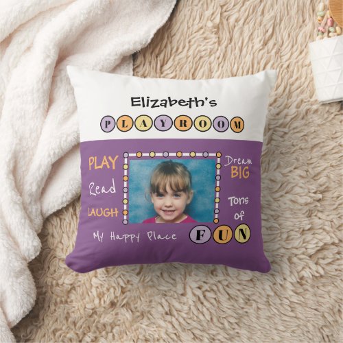 My happy fun place name photo kids playroom purple throw pillow