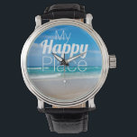 My Happy Place Beautiful Turquoise Beach Watch<br><div class="desc">My Happy Place is a beautiful beach with a clear blue sky and soft sand on my toes. This design features a classic tote bag with a navy handle.</div>