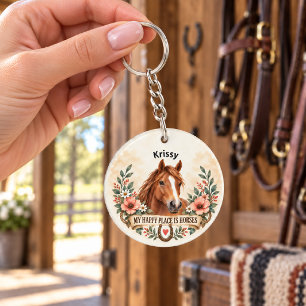 My Happy Place Is Horses Rustic Floral Horse Art Keychain
