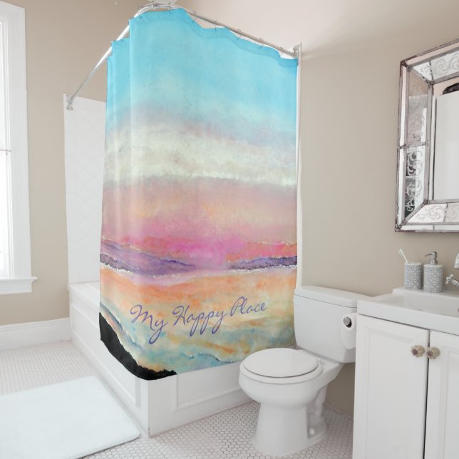 My Happy Place Pastel Beach Sunset Shower Curtain (In Situ)