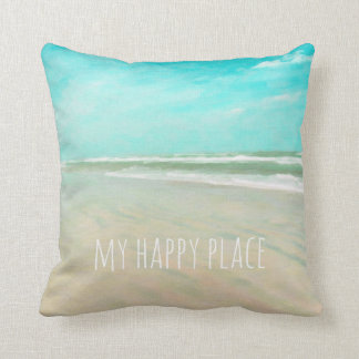 My Happy Place Turquoise Sky Beach Scene Throw Pillow