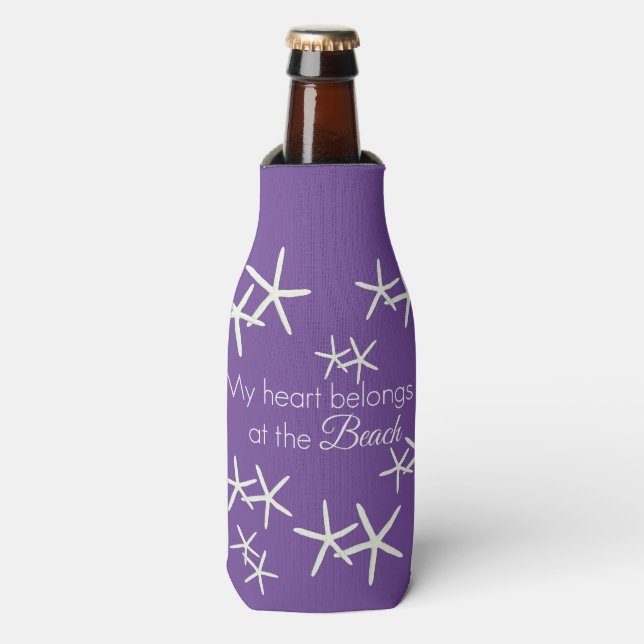 My heart belongs at the beach - starfish purple bottle cooler (Bottle Front)