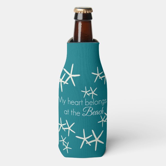 My heart belongs at the beach - starfish teal bottle cooler (Bottle Front)