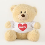 My heart belongs red white name personalized teddy bear<br><div class="desc">Simple big bright red heart teddy jumper design. Personalize with your own name and message,  currently reads my heart belongs to Imogen. Original art and design by Sarah Trett for www.mylittleeden.com on zazzle.</div>