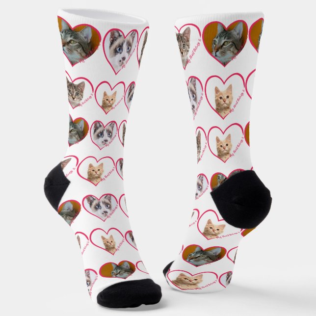 My Heart Belongs To Personalized 4 Cat Photo, Name Socks (Angled)