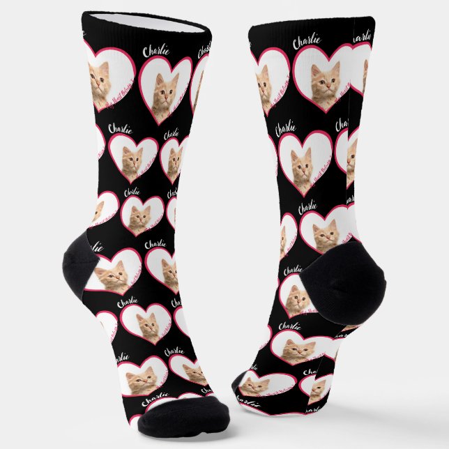 My Heart Belongs To Personalized Cat Photo & Name Socks (Angled)