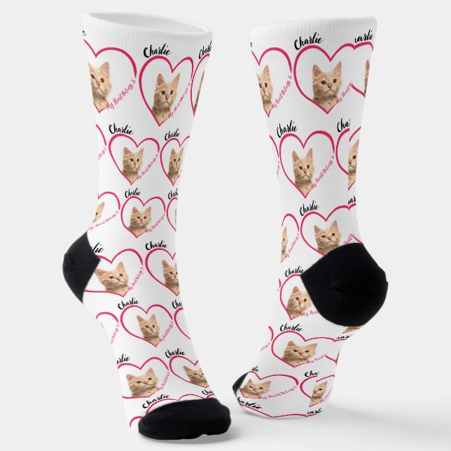 My Heart Belongs To Personalized Cat Photo & Name Socks (Angled)