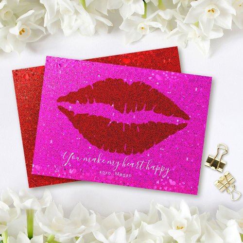My Heart Happy Red Lips Pink Glitter Valentine Holiday Card