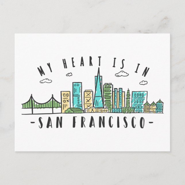 My Heart is in SAN FRANCISCO - Handdrawn Skyline Postcard (Front)
