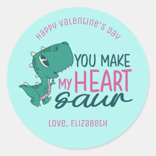 My Heart Saur Funny Pun Cute Kids Valentines Day Classic Round Sticker