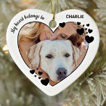 My Hearts Belongs To Personalized Pet Dog Photo Ceramic Ornament<br><div class="desc">Honor your best friend with a custom dog photo ornament. This unique pet photo ornament keepsake features a heart border, Quote "My Hearts Belongs To". Customize with favorite pet dog , horse, or cat photos, and name . Ornament is double sided, you can do 2 favorite photos, one on each...</div>