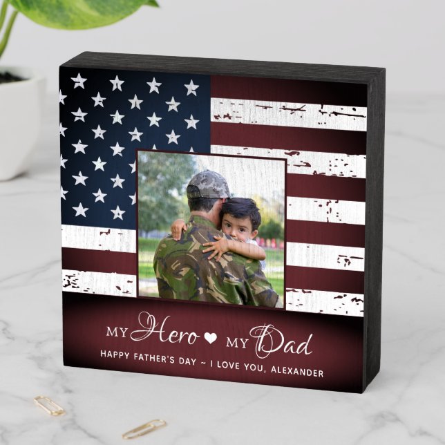 My Hero My Dad Army Military Personalized Photo Wooden Box Sign (In Situ Horizontal)