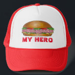 My Hero Submarine Sub Sandwich Grinder Hoagie Food Trucker Hat<br><div class="desc">Features an original marker illustration of a delicious ham and cheese hero (also called a sub, grinder, or hoagie) with MY HERO in a fun red font. This design is also available on other products. Don't see what you're looking for? Need help with customization? Contact Rebecca to have something designed...</div>