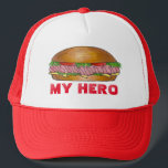 My Hero Submarine Sub Sandwich Grinder Hoagie Food Trucker Hat<br><div class="desc">Features an original marker illustration of a delicious ham and cheese hero (also called a sub, grinder, or hoagie) with MY HERO in a fun red font. This design is also available on other products. Don't see what you're looking for? Need help with customization? Contact Rebecca to have something designed...</div>