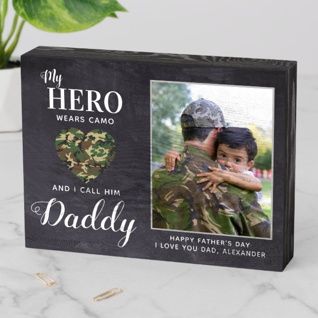 My Hero Wears Camo Military Dad Personalized Photo Wooden Box Sign (In Situ Horizontal)