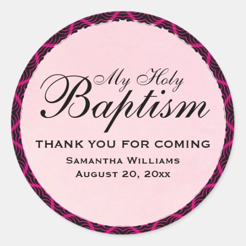 My Holy Baptism Pink Art Deco Personalized Classic Round Sticker