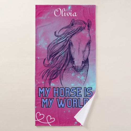 My Horse Is My World Magenta   Bath Towel