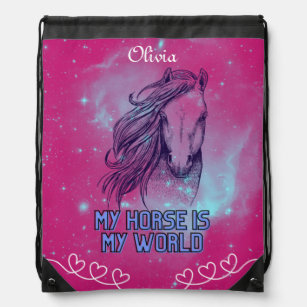 My Horse Is My World Magenta   Drawstring Bag