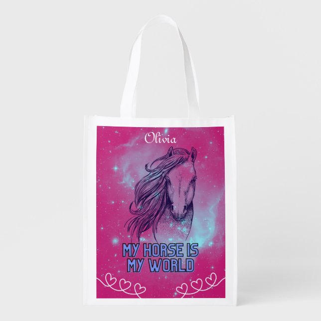 My Horse Is My World Magenta  Grocery Bag (Front)