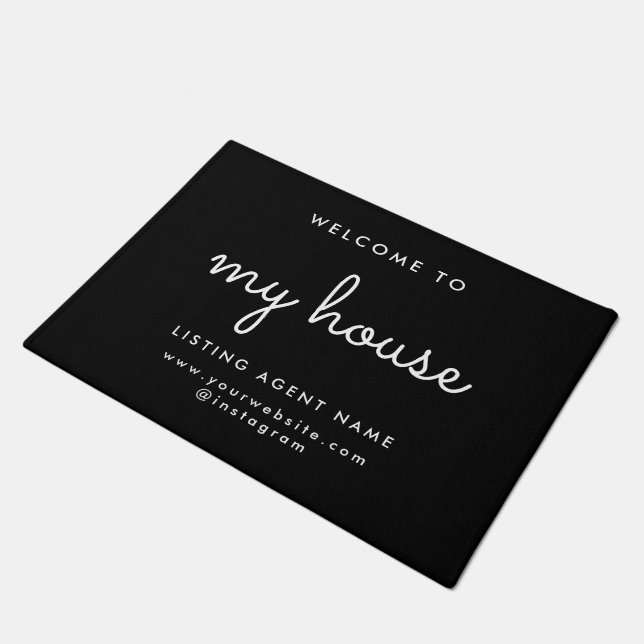 My House Real Estate Modern Black Realtor Doormat (Angled)