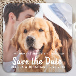 My Humans Are Getting Married Engagement Dog Photo Square Paper Coaster<br><div class="desc">Add the finishing touch to your dog wedding save the dates with these custom photo, and personalized 'My Humans Are Getting Married... Save The Date' stickers. Customize with your favorite photo, names and date. These pet wedding dog save the date stickers are perfect for engagement party, save the date pet...</div>
