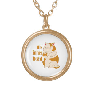 My inner beast lazy fat cat motivational quote gold plated necklace