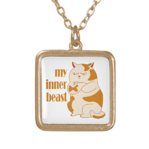 My inner beast lazy fat cat motivational quote gold plated necklace