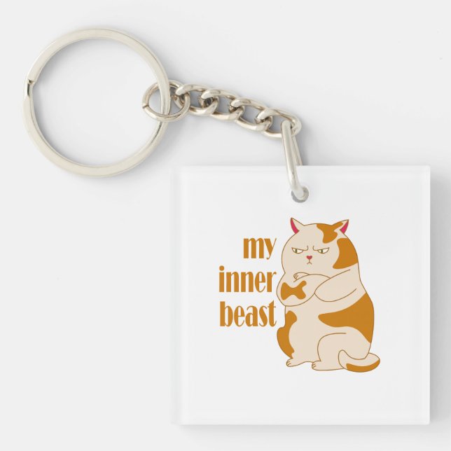 My inner beast lazy fat cat motivational quote keychain (Front)