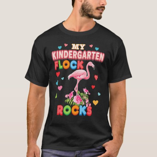My Kindergarten Flock Rocks Flamingo Teacher Back  T_Shirt