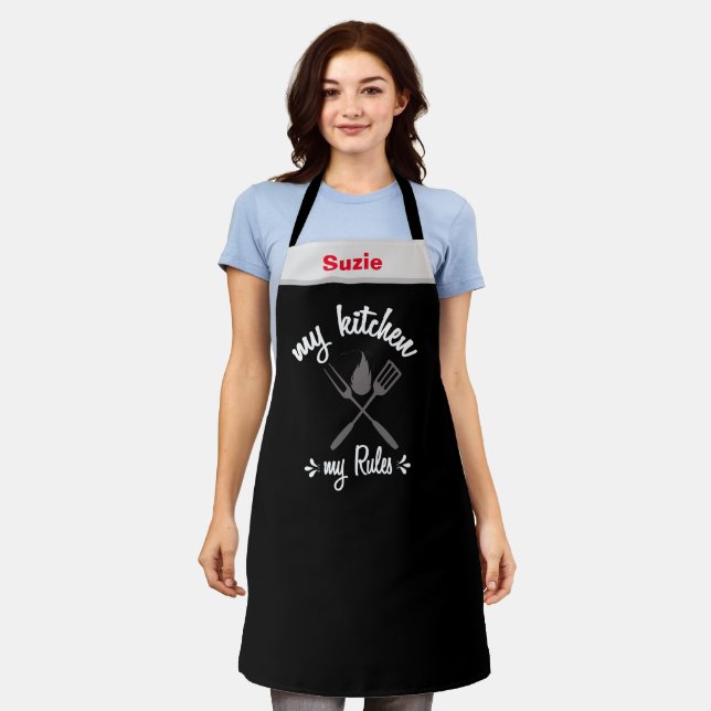 My Kitchen My Rules Black Chef Name Personalized Apron (Worn)