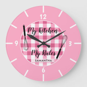 My Kitchen My Rules Pink Gingham Farmhouse Large Clock