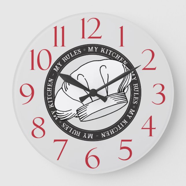 My Kitchen My Rules Quote White Chef Hat Kitchen Large Clock (Front)