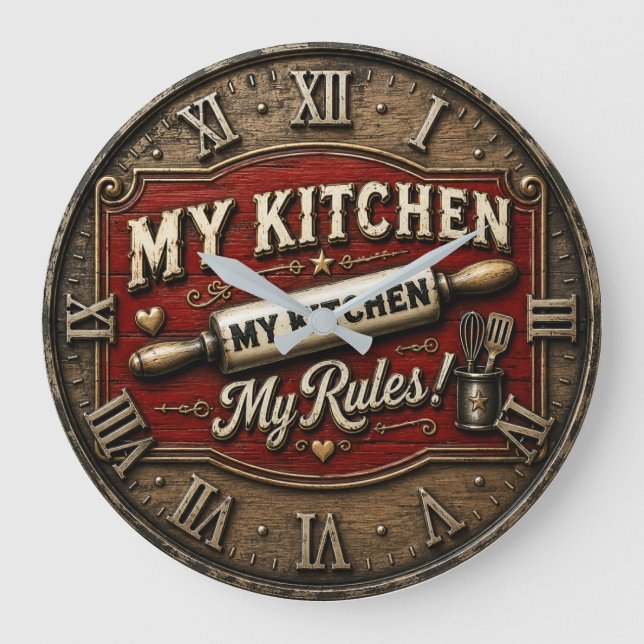 My Kitchen My Rules Rustic Farmhouse Rolling Pin Large Clock (Front)