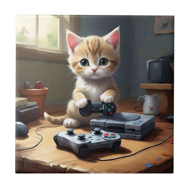 My Kitten The Expert Gamer,  Ceramic Tile (Front)
