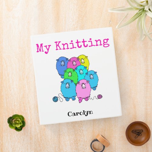 My Knitting  Cute sheep and yarn  Your name 3 Ring Binder