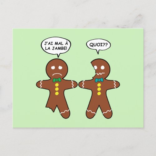 My Leg Hurts Gingerbread Cookie in French Green Holiday Postcard