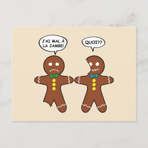 My Leg Hurts Gingerbread Cookie in French Holiday Postcard
