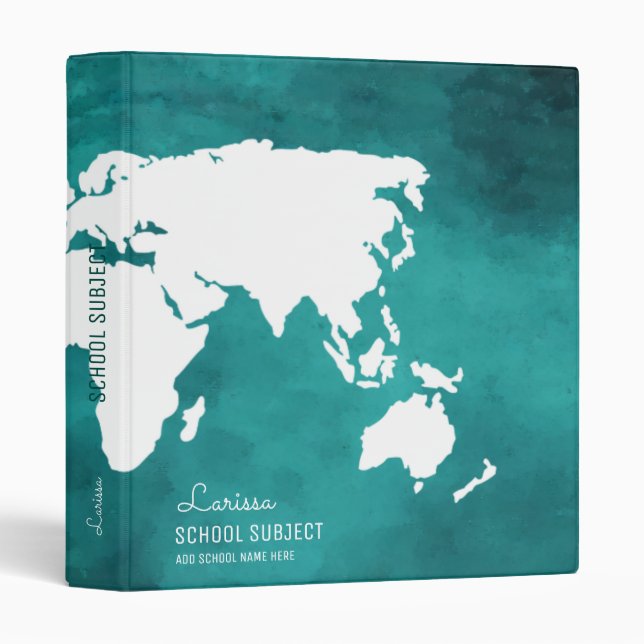 my lessons, world map turquoise blue 3 ring binder (Front/Spine)