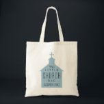 My little church bag cute blue kid's tote<br><div class="desc">"My little church bag" is a perfect gift for a little one to take along to church. This tote features a blue silhouette of a church with a cross on top with the wording on top and a place to customize a name. Makes a great baptism or Christening gift.</div>