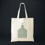 My little church bag cute green personalized tote<br><div class="desc">"My little church bag" is a perfect gift for a little one to take along to church. This tote features a light sage green silhouette of a church with a cross on top with the wording on top and a place to customize a name. Makes a great baptism or Christening...</div>