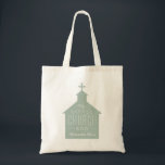 My little church bag cute green personalized tote<br><div class="desc">"My little church bag" is a perfect gift for a little one to take along to church. This tote features a light sage green silhouette of a church with a cross on top with the wording on top and a place to customize a name. Makes a great baptism or Christening...</div>