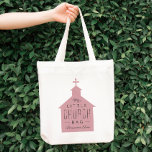 My little church bag cute pink kid's bag<br><div class="desc">"My little church bag" is a perfect gift for a little one to take along to church. This tote features a silhouette of a church with a cross on top with the wording on top and a place to customize a name. Makes a great baptism or Christening gift.</div>