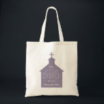 My little church bag cute purple personalized tote<br><div class="desc">"My little church bag" is a perfect gift for a little one to take along to church. This tote features a purple silhouette of a church with a cross on top with the wording on top and a place to customize a name. Makes a great baptism or Christening gift for...</div>