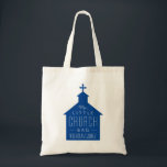 My little church bag navy blue kid's tote<br><div class="desc">"My little church bag" is a perfect gift for a little one to take along to church. This tote features a dark blue silhouette of a church with a cross on top with the wording on top and a place to customize a name. Makes a great baptism or Christening gift....</div>