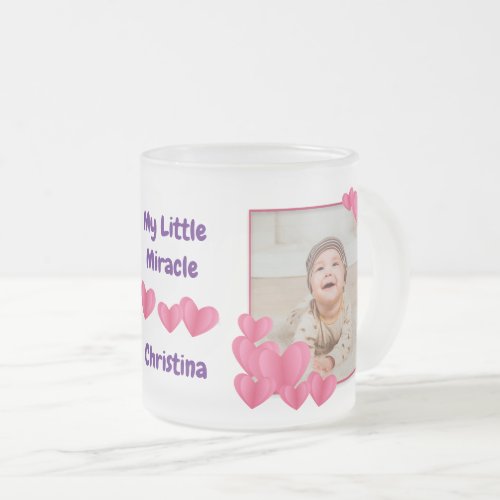 My Little Miracle with Hearts Photos and Name Coff Frosted Glass Coffee Mug