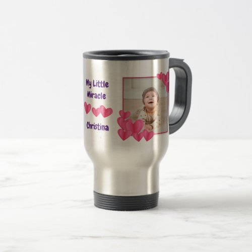 My Little Miracle with Hearts Photos and Name Travel Mug