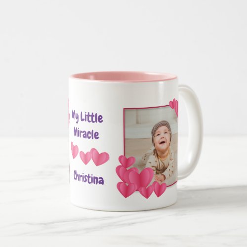 My Little Miracle with Hearts Photos and Name Two_Tone Coffee Mug