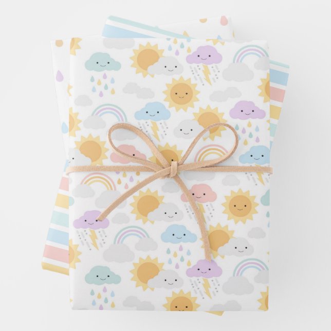 My Little Sunshine Rainbows & Clouds Party Wrap Wrapping Paper Sheets (In situ)